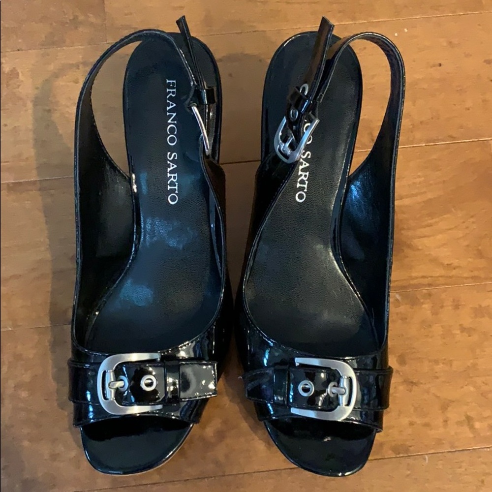 Franco Sarto Black Patent Cork Wedge